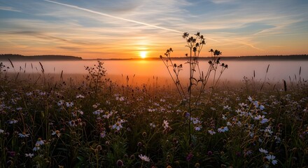 Obraz premium Sunrise Mist Over a Wildflower Meadow