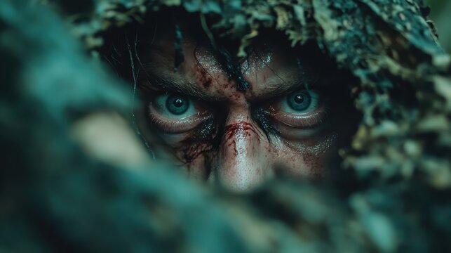 A close-up of a person's intense gaze peering through camouflage foliage, conveying a sense of stealth, mystery, and survival in a natural setting.
