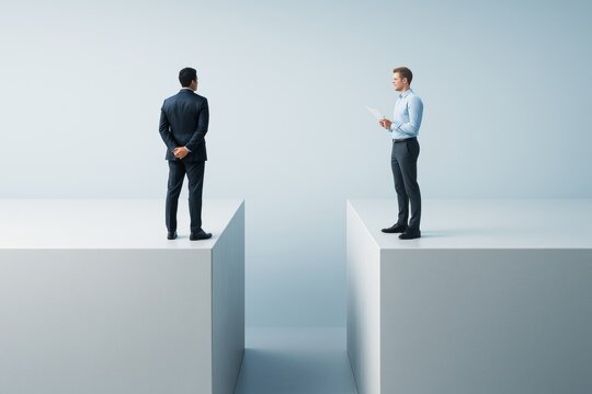 Two business people standing on separate platforms facing each other over a gap against a light minimal background, symbolizing communication challenges.