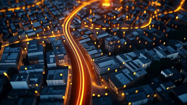 Abstract city map with glowing lines and location marker. Modern smart city connections, communication, navigation concept footage.
