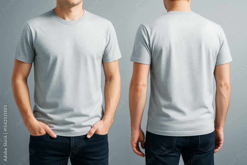 Poster front and back view of man wearing plain light gray t-shirt on neutral background for apparel mockup
