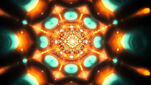 Abstract fiery orange and turquoise kaleidoscope pattern with sparkling light effect, festive ornament background footage.