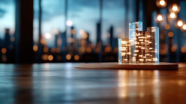 A captivating miniature model of a cityscape glowing softly in twilight, showcasing architectural beauty and urban design, perfect for representing futuristic visions and creativity.