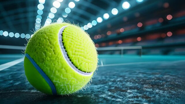 Tennis ball on court with glowing lights and net. Sport game, championship competition, training, professional match.
