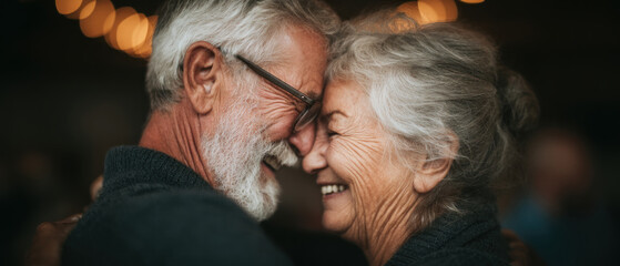 Elderly couple dancing together in cozy living room joyful scene intimate atmosphere