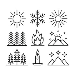 Fototapeta premium Nine Black Line Icons Set Sun Snowflake Fire Trees Mountains Candle Stars Nature Symbols vector