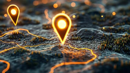 Glowing map with multiple location pins and connecting lines for navigation or geotagging concept footage. - Powered by Adobe