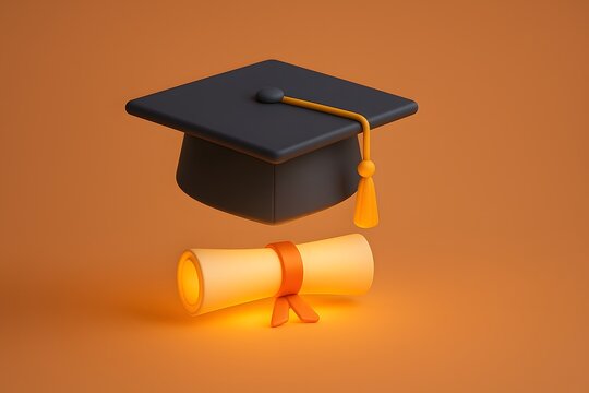 Graduate Cap and Diploma on Orange Background for Education Concept - Powered by Adobe