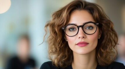 A confident woman with stylish glasses exudes charm and poise, emphasizing the blend of intelligence and beauty, embodying the essence of modern femininity and sophistication in a casual setting.
