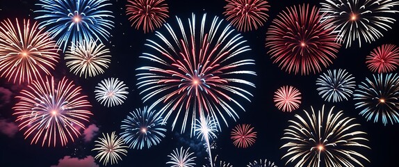 Fototapeta premium Vibrant Fireworks Display in Red, White, and Blue Over a Navy Night Sky