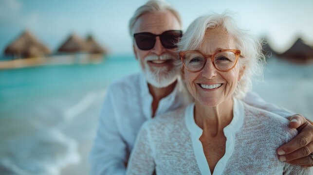 Two cheerful seniors embrace each other on a beautiful tropical beach, capturing a moment of happiness and connection against a stunning backdrop of azure waters and distant resorts.