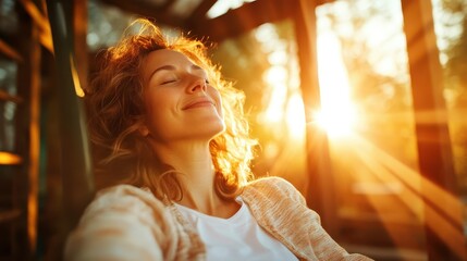A woman enjoying the warmth of a sunset while resting, embodying peace and contentment in her expression, surrounded by the soothing glow of soft sunlight.