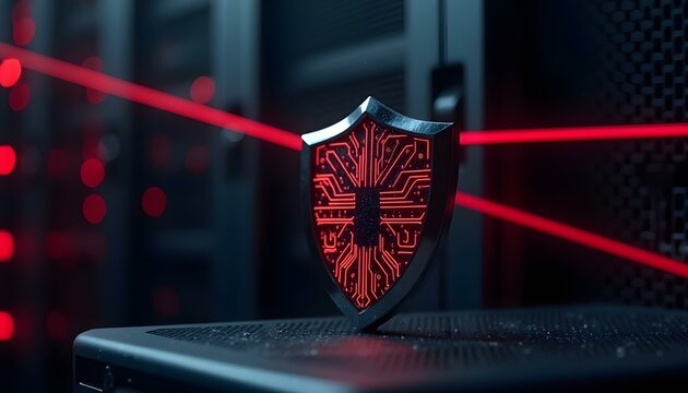 Red-lit circuit shield blocking lasers symbolizing AI-secured server environment