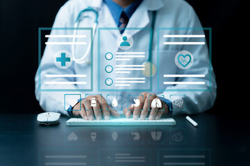 Healthcare, Medical service and Health insurance concept. Medicine doctor use tablet to review...