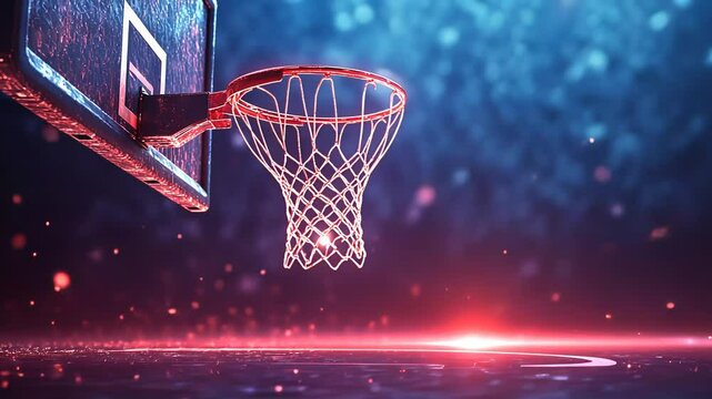 Empty basketball hoop on a shiny court with glowing particles. Sports arena concept with dynamic light effect for competition video.