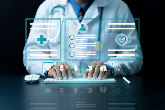Healthcare, Medical service and Health insurance concept. Medicine doctor use tablet to review patient medical records on virtual screens for digital healthcare, health document checklist.
