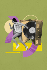 Image zine trend photo collage of happy girl guy dance retro vinyl disk celebration occasion...