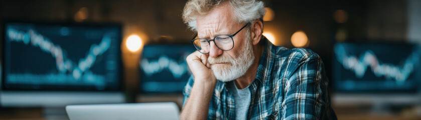 A confused senior man stares at his laptop screen puzzled by a complex crypto transaction.