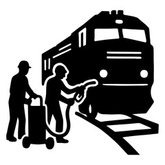 Train maintenance and repair vector illustration of workers servicing locomotive engine on railway line