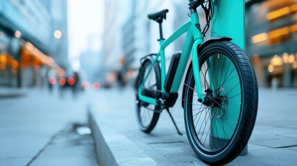 Obraz premium A sleek turquoise bicycle rests against a pole on a city street, capturing the essence of urban mobility and convenience in a vibrant city atmosphere.