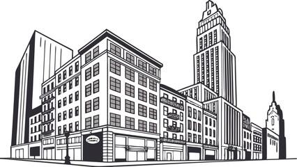 Fototapeta premium Illustration of a city street with various buildings including a skyscraper and smaller structures in black and white