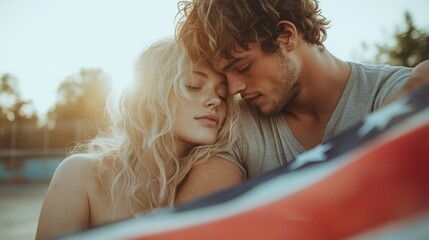 A tender moment between a couple wrapped in an American flag, symbolizing love, patriotism, and connection while enjoying a warm sunny glow in the background.
