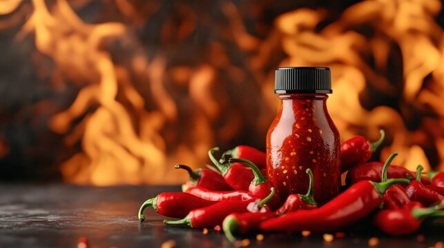This image showcases a bottle of spicy chili sauce surrounded by vibrant red chilies, embodying the heat and flavor of culinary mastery and spicy food culture.