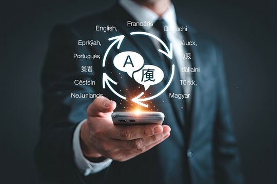 Businessman using smartphone with multilingual translation app interface showing global communication and language support