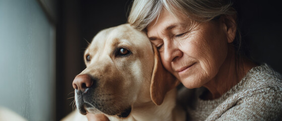 Senior woman with dementia hugging therapy dog in a cozy home environment for emotional support