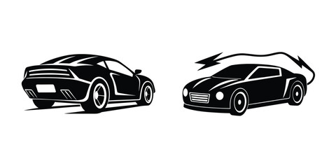 Dynamic Silhouette of a Sports Car Charging Ahead in Rear View Flat Silhouette on White Background