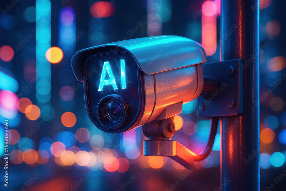 Poster ai smart security camera mounted on pole in city at night with colorful bokeh lights showing advance