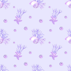Watercolor seamless lilac pattern hand drawn with shells and corals