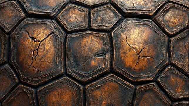 Turtle shell texture with copy space. Close-up turtle pattern. Reptile shell design. Turtle scales. Realistic turtle shell. Turtle design texture. Detailed turtle shell close-up. Wild Animal texture.