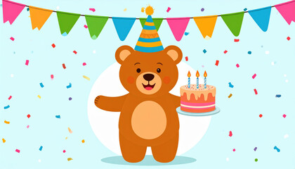 Naklejka premium cheerful teddy bear in festive hat holds birthday cake surrounded by confetti