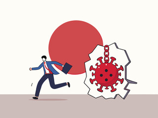 Virus disease outbreak protection failure, COVID-19 virus destroy and break the wall into Japan concept, wrecking ball as COVID-19 pathogen destroy and demolish Japan flag wall, business man run away.
