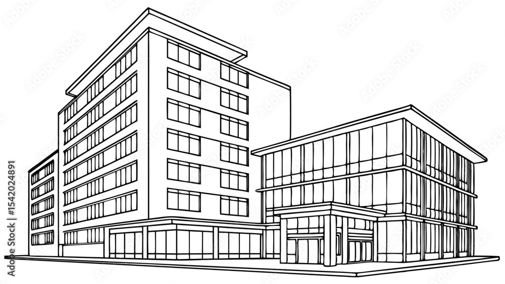 Aufkleber outline drawing of a tall building with multiple floors and windows next to a smaller office buildin