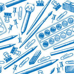 Seamless pattern different stationery, pencil, brush, watercolor paints, pen, eraser, magnifying glass vector. Hand drawn blue objects background. Education Back to School. Wrapping, fabric decor