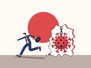 Virus disease outbreak protection failure, COVID-19 virus destroy and break the wall into Japan concept, wrecking ball as COVID-19 pathogen destroy and demolish Japan flag wall, business man run away.