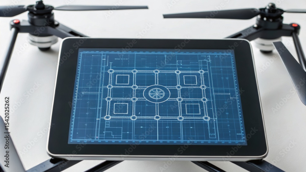 Poster a tablet displaying a complex blueprint is surrounded by drone propellers, symbolizing innovation in