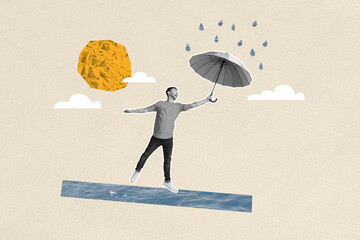 3D photo collage template trend artwork sketch of young man hang hold umbrella outdoors rainy...