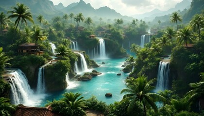 cinematic photo manipulation of a cityscape merging with natural elements like waterfalls and forests ..