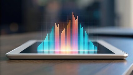 A tablet displays a colorful data visualization, showcasing graphs and charts that represent statistical information.