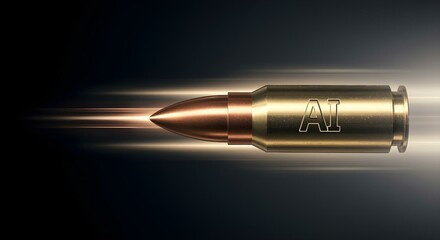 High-speed bullet casing stamped with “AI” flying through dark space
