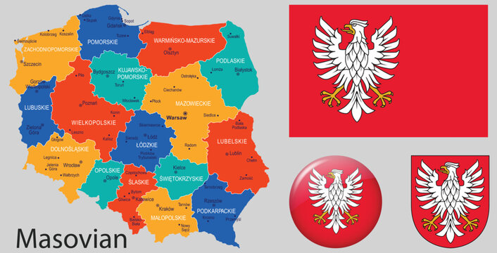 Vector map of Masovian Voivodeship with official coat of arms. Ideal for use in educational resources, maps, and regional identity designs.