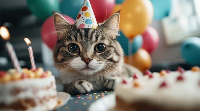 A charming cat wearing a festive party hat sits joyfully in front of a delicious birthday cake, highlighting the playful spirit and excitement of a special celebration.