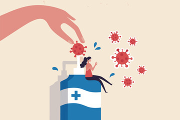 Wash hands to protect from COVID-19 Coronavirus infection outbreak concept, woman sit on huge sanitizer soap or alcohol gel to wash her hands with help of big hands, COVID-19 virus pathogen around