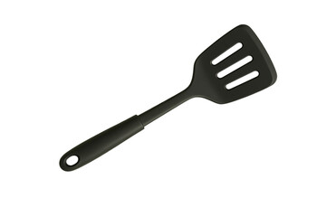 Black nylon spatula on a white background. Heat-resistant kitchen utensil ideal for non-stick cookware. Perfect for cooking-related designs, kitchenware product presentations, or culinary ladvertising