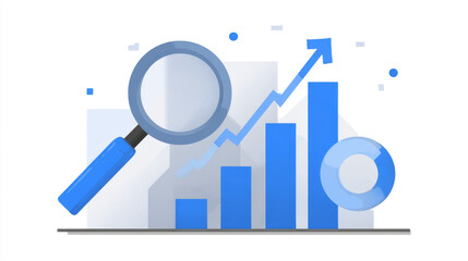 Illustration of the concepts of data analysis, financial analysis and business analysis. Abstract design of magnifying glass, growing bar graph and upward arrow in blue low poly style.