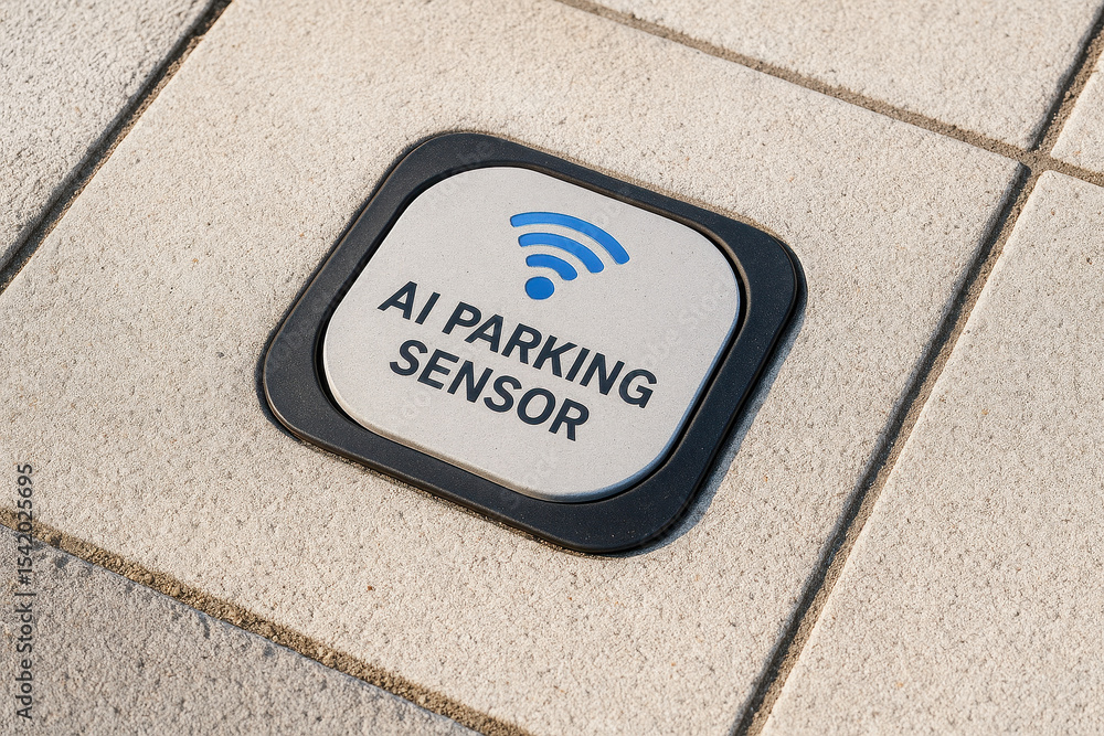 Poster ai parking sensor embedded in pavement shows smart control system for efficient city parking managem