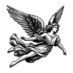 flying angel engraving black and white outline. Scratch board imitation.